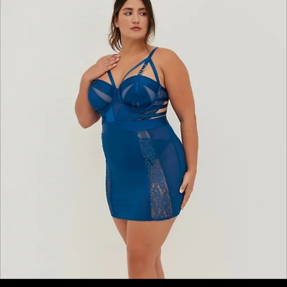 Torrid Blue Chemise with Structured Bustier and Lace Detail